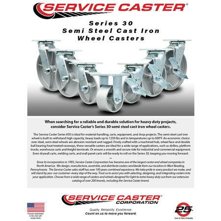 Service Caster 8 Inch Semi Steel Caster Set with Roller Bearings and Brake/Swivel Lock SCC SCC-30CS820-SSR-TLB-BSL-4